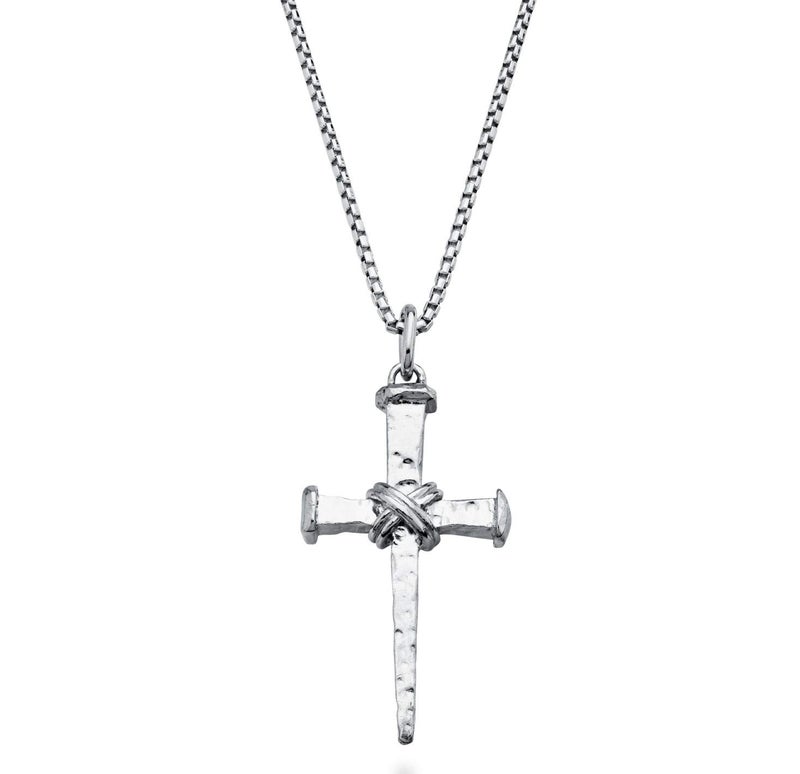 Miabella Italian Rope Wrap Nail Cross Pendant Necklace Box Chain, Rhodium or 18K Yellow Gold Plated 925 Sterling Silver Made in Italy (Length 28 Inches, Rhodium-Plated-Silver) - Image 1